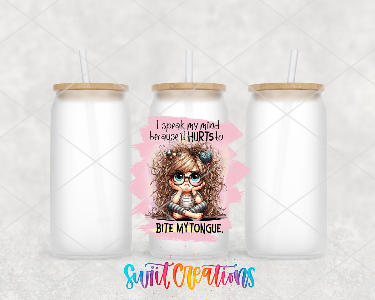 I Speak My Mind frosted glass tumbler group view with lids and straws