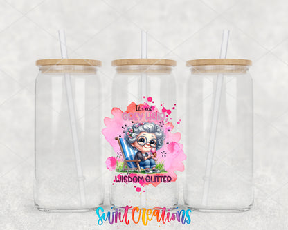 Wisdom Glitter Grey Hair clear glass tumbler group mockup with bamboo lids and straws