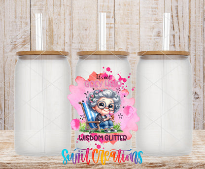 Wisdom Glitter Grey Hair frosted glass tumbler mockup with bamboo lids and straws