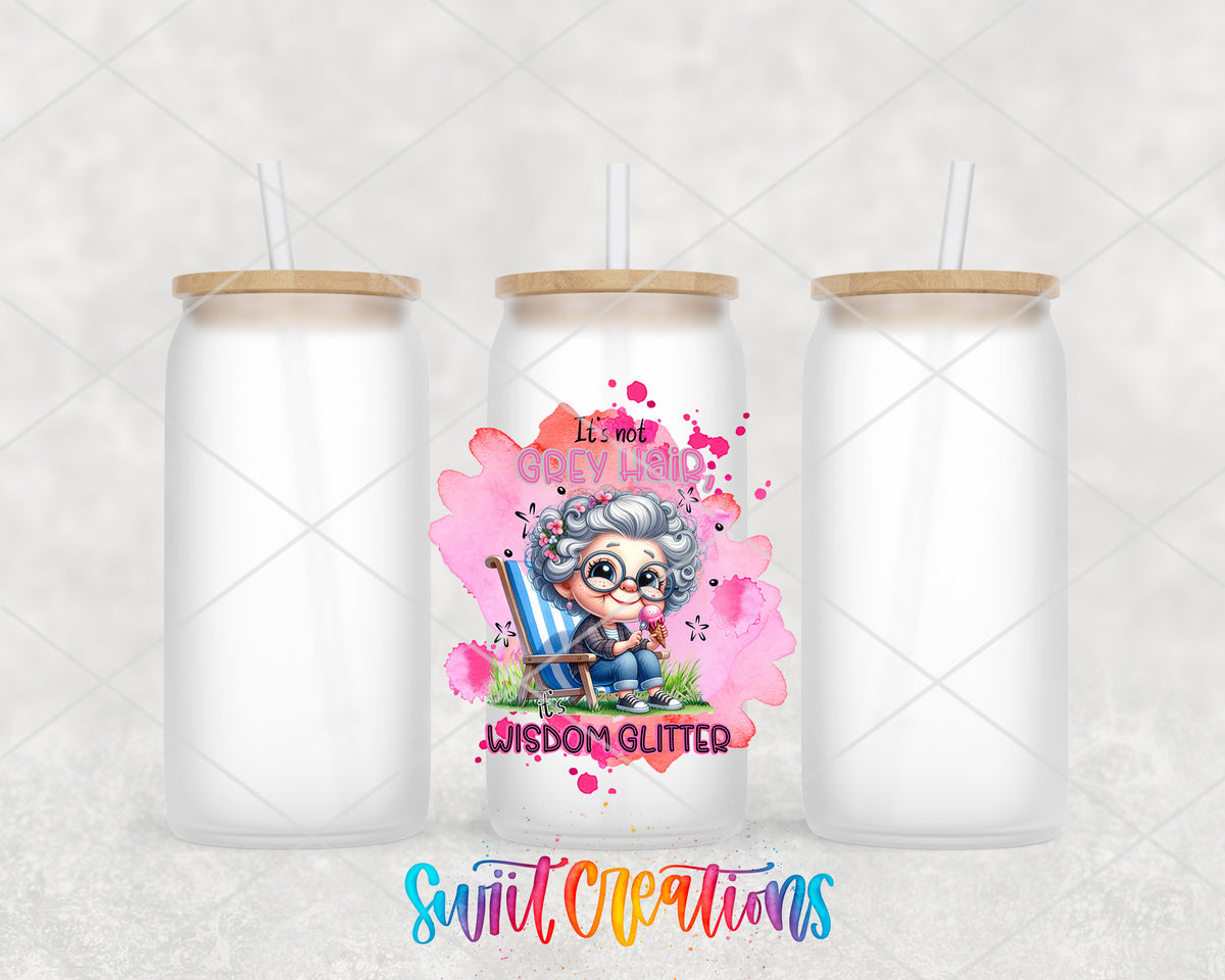 Wisdom Glitter Grey Hair frosted glass tumbler group view with lids and straws
