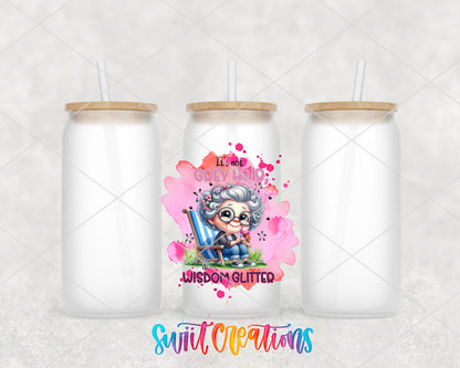 Wisdom Glitter Grey Hair frosted glass tumbler group view with lids and straws