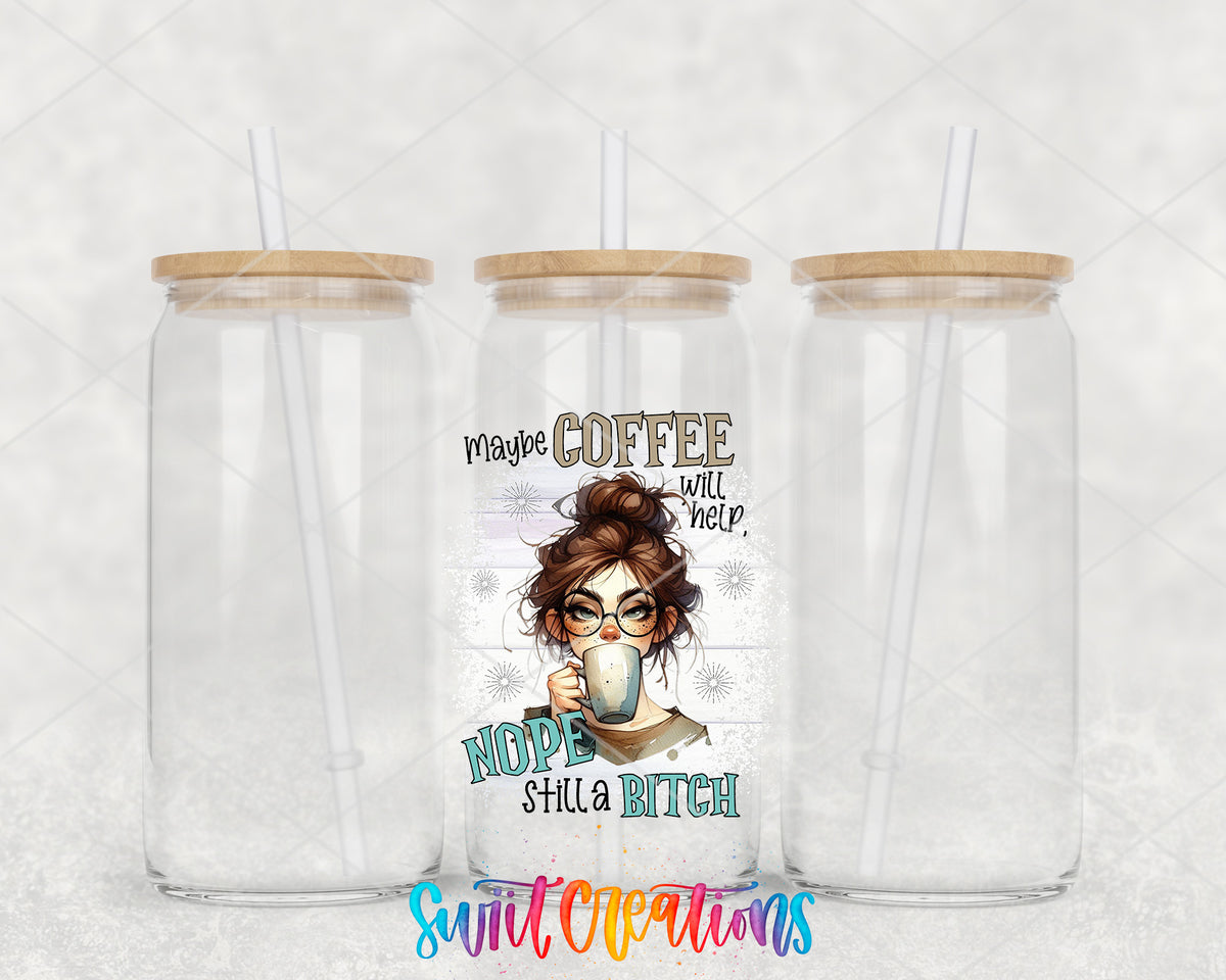 Maybe Coffee Will Help clear glass tumbler group mockup with bamboo lids and straws