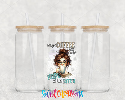 Maybe Coffee Will Help clear glass tumbler group mockup with bamboo lids and straws