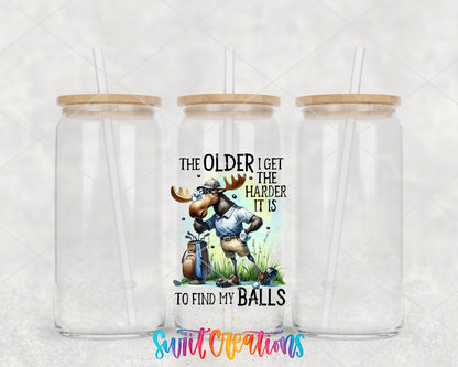 The Older I Get Golf Moose clear glass tumbler group mockup with bamboo lids and straws