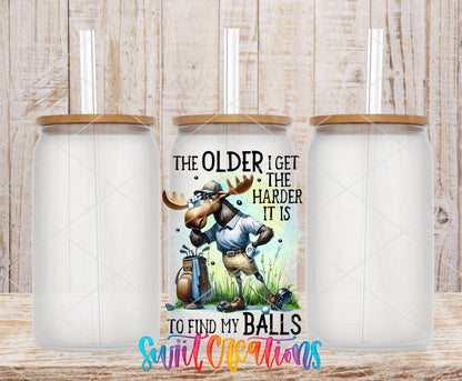 The Older I Get Golf Moose frosted glass tumbler mockup with bamboo lids and straws
