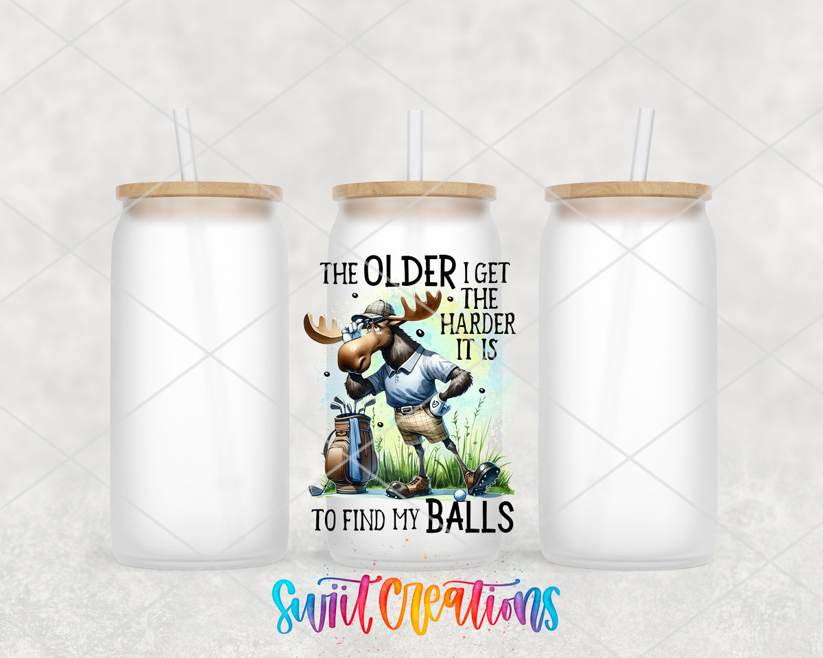 The Older I Get Golf Moose frosted glass tumbler group view with lids and straws