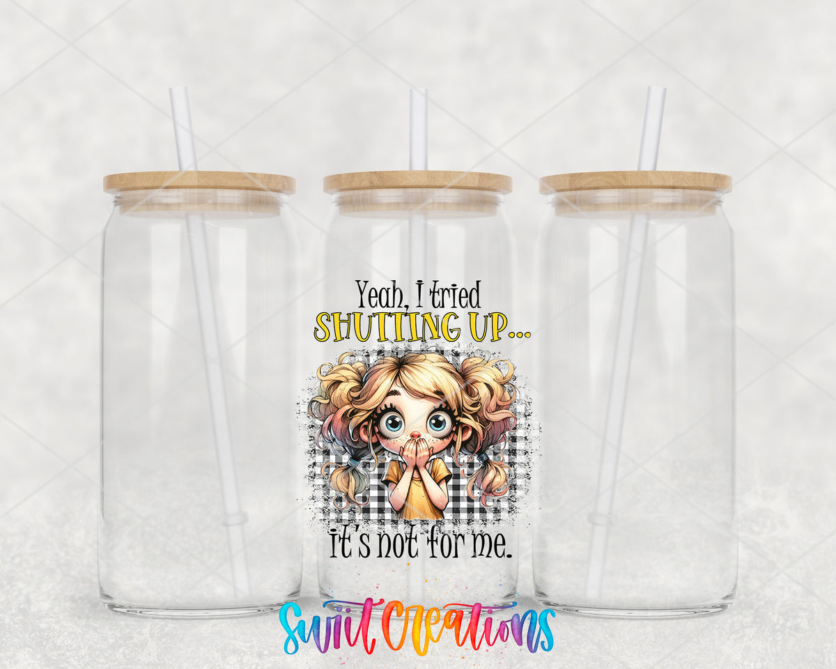 I Tried Shutting Up clear glass tumbler group mockup with bamboo lids and straws