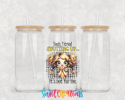 I Tried Shutting Up clear glass tumbler group mockup with bamboo lids and straws