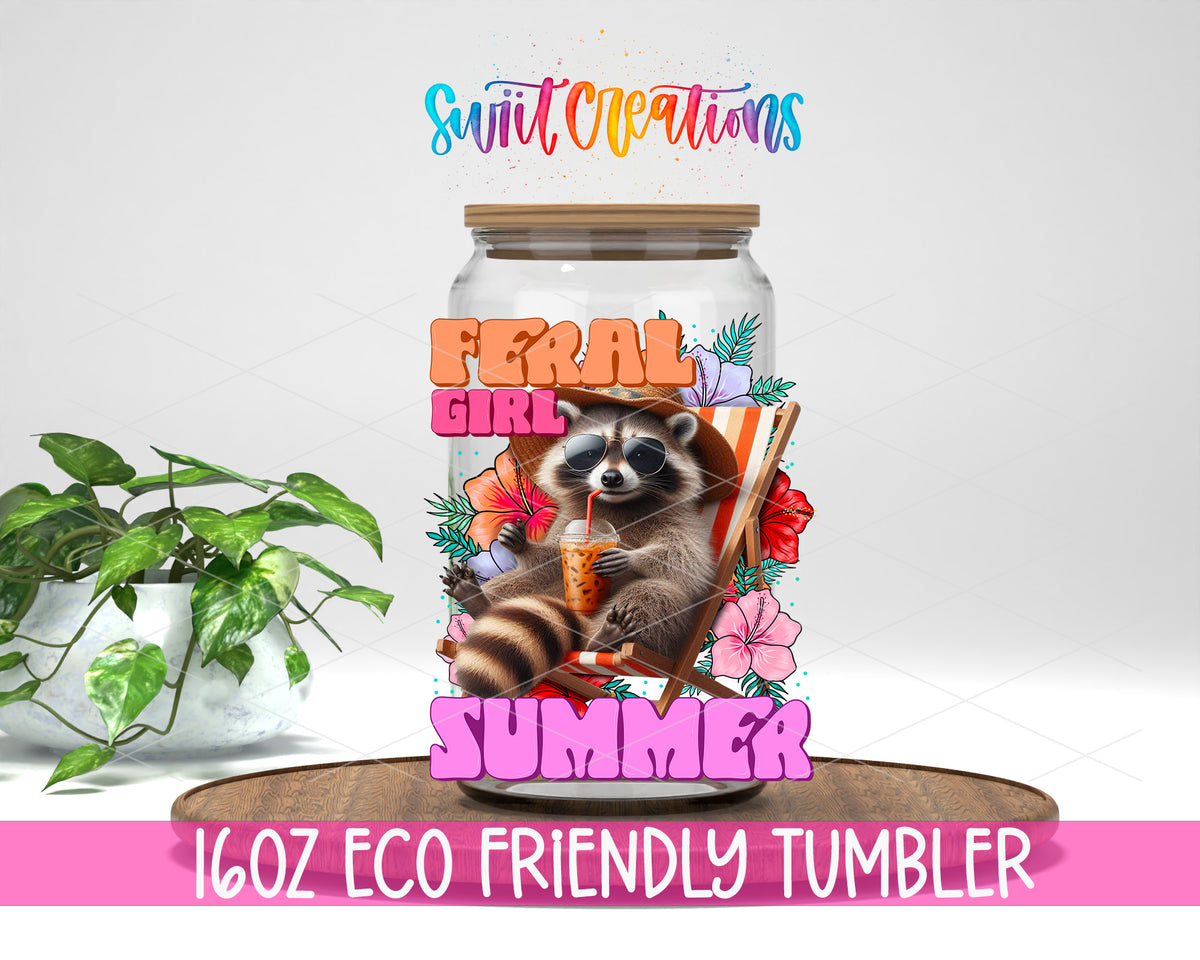 Feral Girl Summer Tropical Raccoon design on a 16 oz clear glass tumbler with bamboo lid