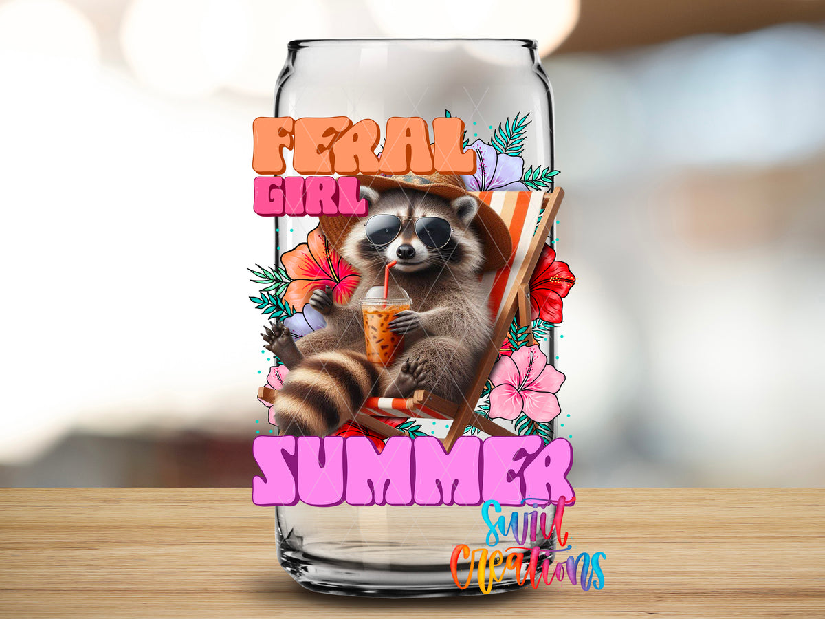 Feral Girl Summer Tropical Raccoon design close-up on a clear glass can tumbler