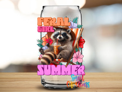 Feral Girl Summer Tropical Raccoon design close-up on a clear glass can tumbler