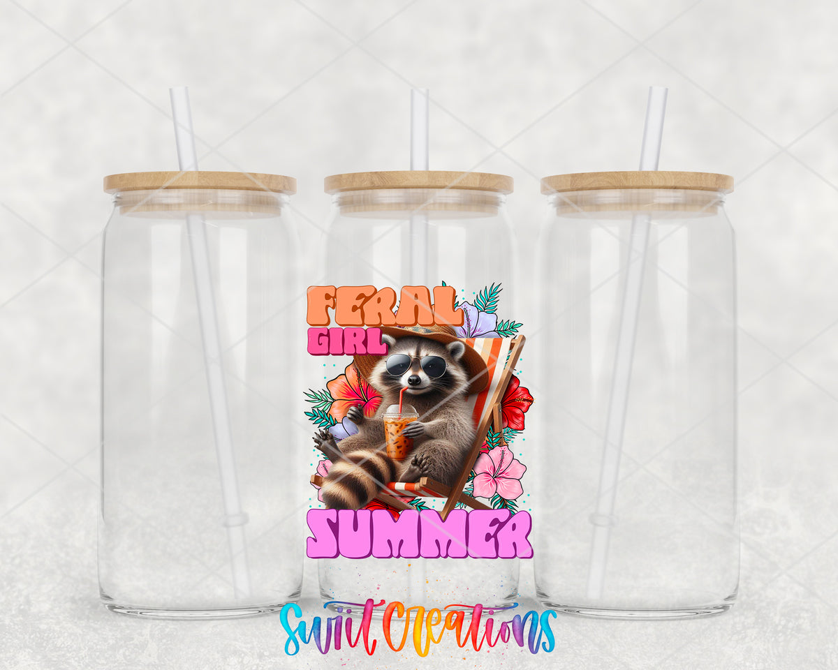 Feral Girl Summer Tropical Raccoon clear glass tumbler group mockup with bamboo lids and straws