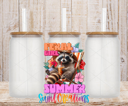 Feral Girl Summer Tropical Raccoon frosted glass tumbler mockup with bamboo lids and straws
