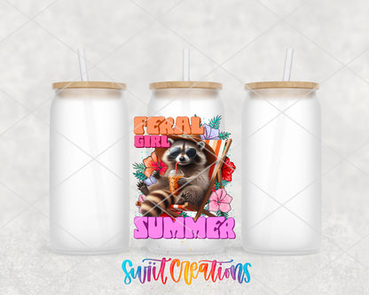 Feral Girl Summer Tropical Raccoon frosted glass tumbler group view with lids and straws