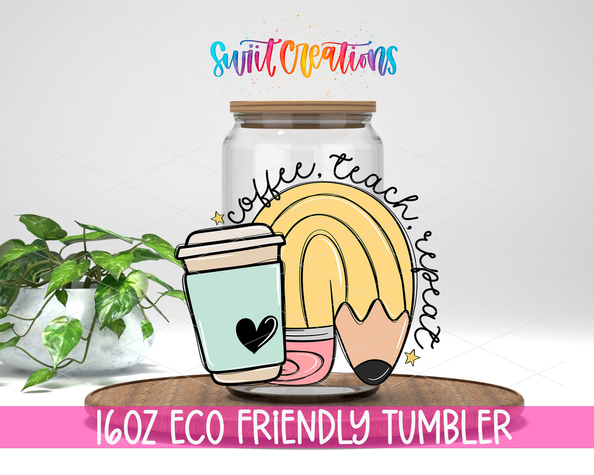 Coffee Teach Repeat design on a 16 oz clear glass tumbler with bamboo lid