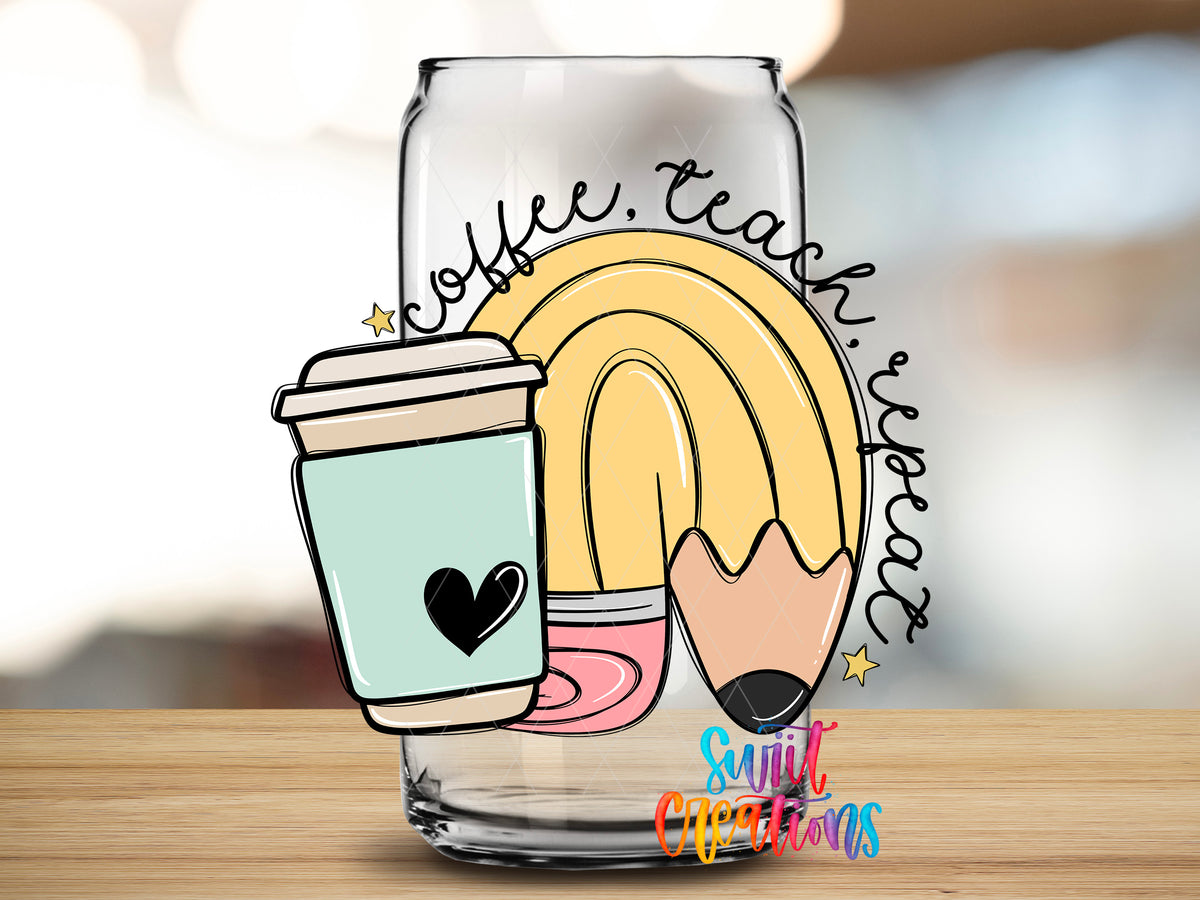 Coffee Teach Repeat design close-up on a clear glass can tumbler