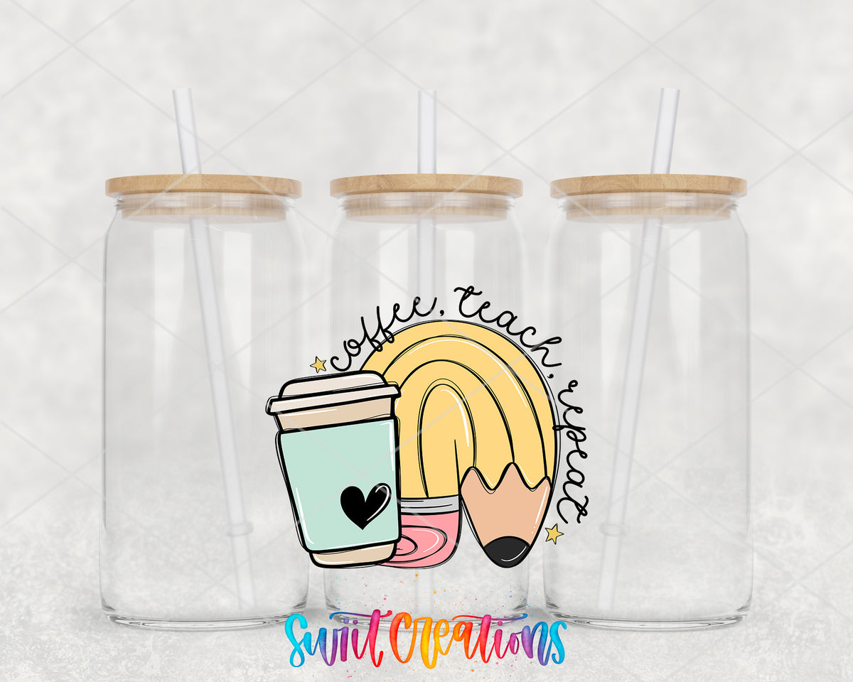 Coffee Teach Repeat clear glass tumbler group mockup with bamboo lids and straws