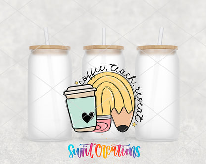 Coffee Teach Repeat frosted glass tumbler group view with lids and straws