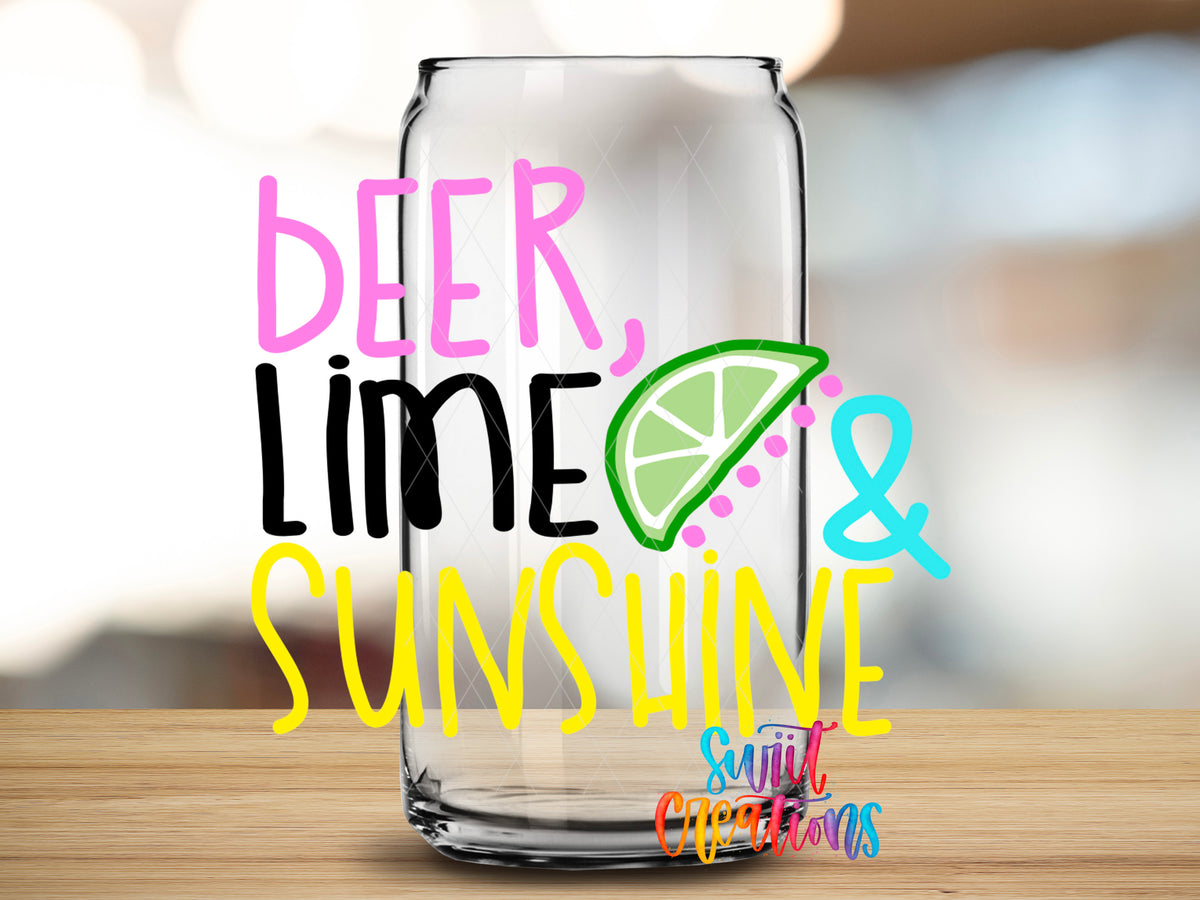 Beer Lime and Sunshine design close-up on a clear glass can tumbler