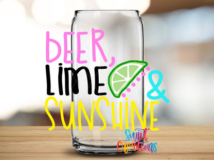 Beer Lime and Sunshine design close-up on a clear glass can tumbler