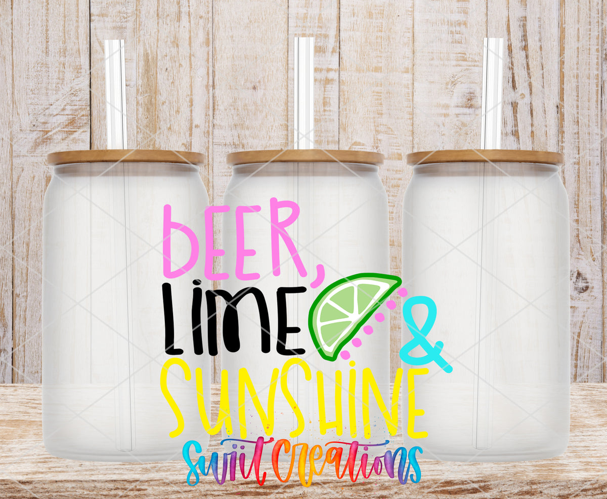 Beer Lime and Sunshine frosted glass tumbler mockup with bamboo lids and straws