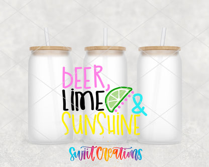 Beer Lime and Sunshine frosted glass tumbler group view with lids and straws