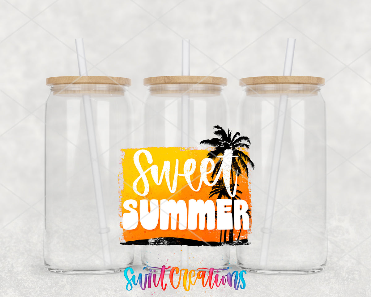 Sweet Summer clear glass tumbler group mockup with bamboo lids and straws