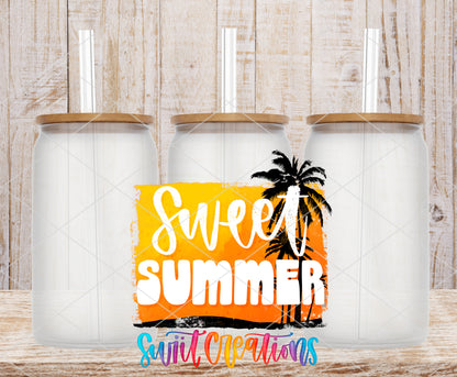 Sweet Summer frosted glass tumbler mockup with bamboo lids and straws