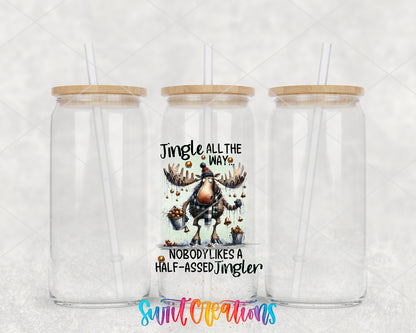 Jingle All the Way Moose clear glass tumbler group mockup with bamboo lids and straws