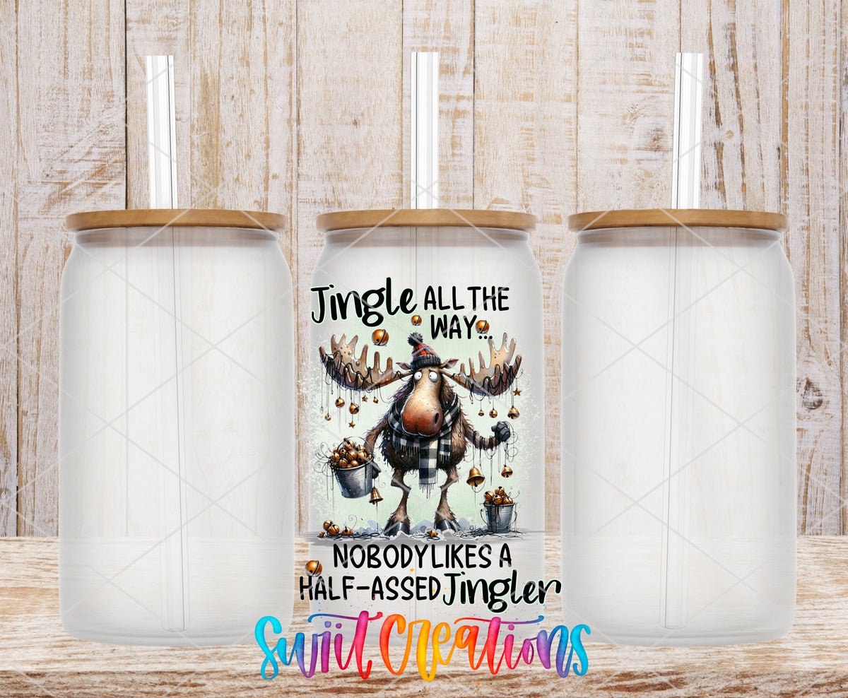Jingle All the Way Moose frosted glass tumbler mockup with bamboo lids and straws