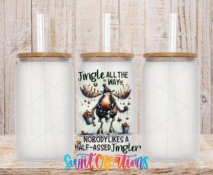Jingle All the Way Moose frosted glass tumbler mockup with bamboo lids and straws