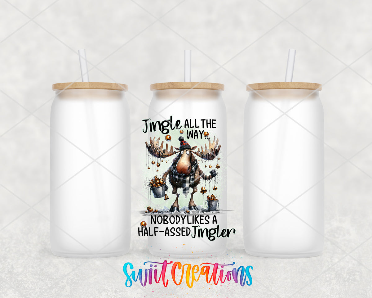 Jingle All the Way Moose frosted glass tumbler group view with lids and straws
