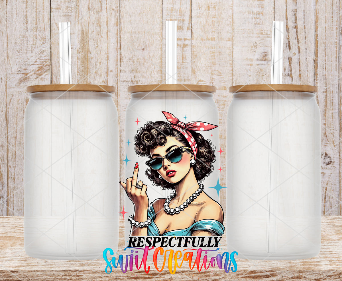 Respectfully Vintage Woman frosted glass tumbler mockup with bamboo lids and straws