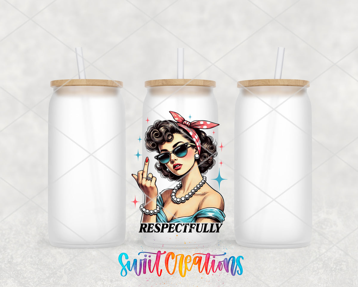 Respectfully Vintage Woman frosted glass tumbler group view with lids and straws