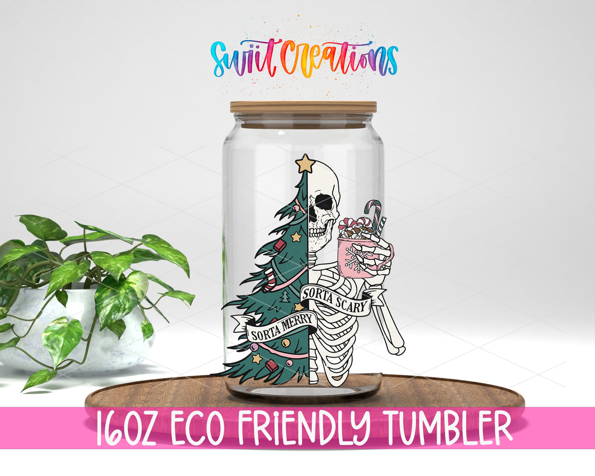 Sorta Merry Sorta Scary design on a 16 oz clear glass tumbler with bamboo lid