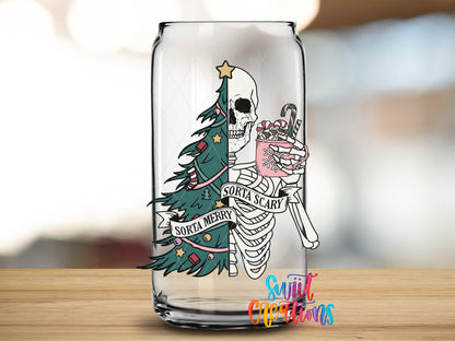 Sorta Merry Sorta Scary design close-up on a clear glass can tumbler