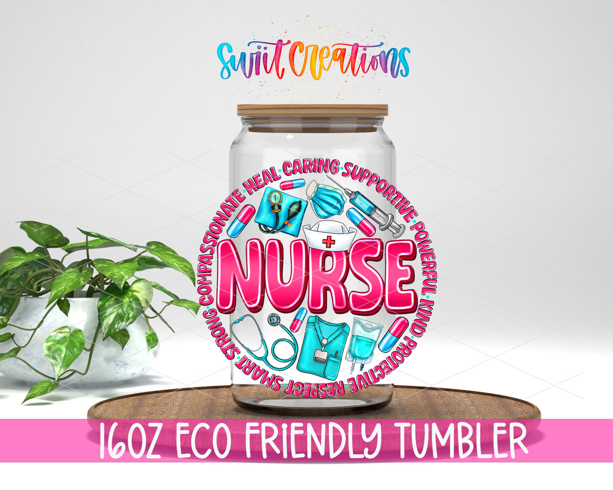 Nurse Appreciation design on a 16 oz clear glass tumbler with bamboo lid