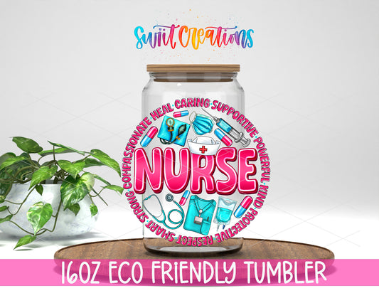 Nurse Appreciation design on a 16 oz clear glass tumbler with bamboo lid