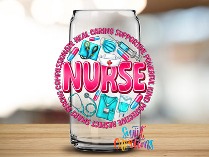 Nurse Appreciation design close-up on a clear glass can tumbler