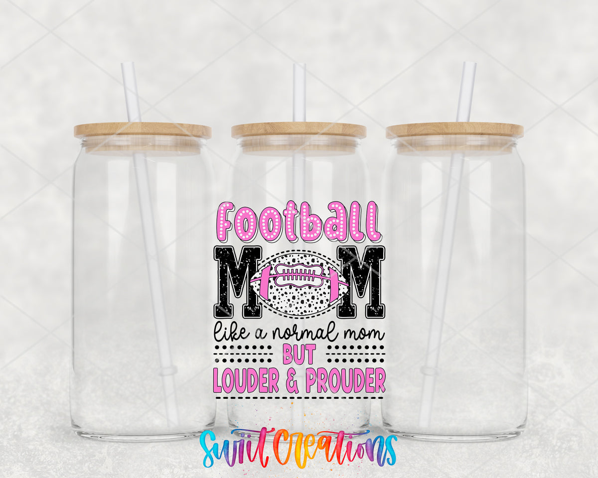 Football Mom Louder and Prouder clear glass tumbler group mockup with bamboo lids and straws