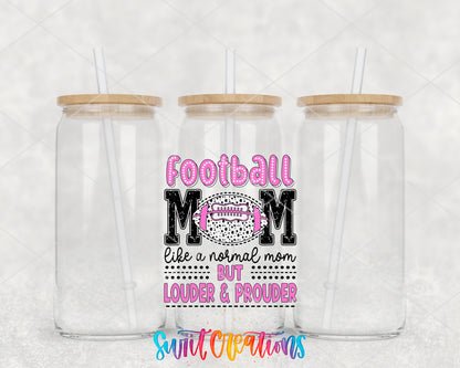 Football Mom Louder and Prouder clear glass tumbler group mockup with bamboo lids and straws