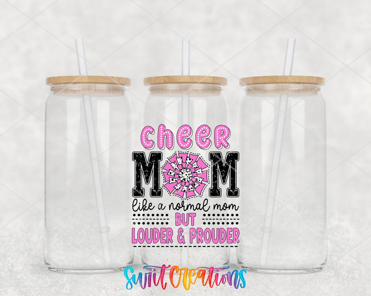 Cheer Mom Louder and Prouder clear glass tumbler group mockup with bamboo lids and straws