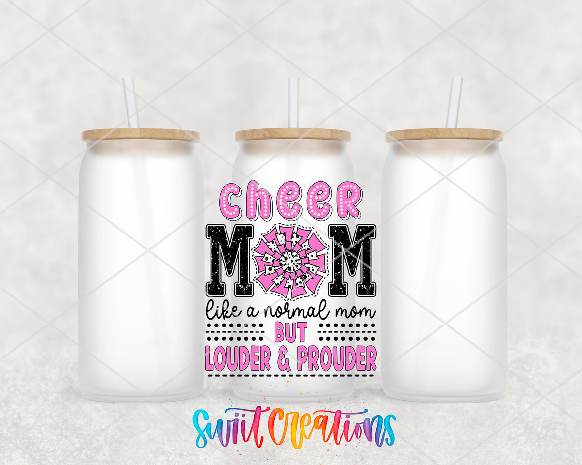 Cheer Mom Louder and Prouder frosted glass tumbler group view with lids and straws