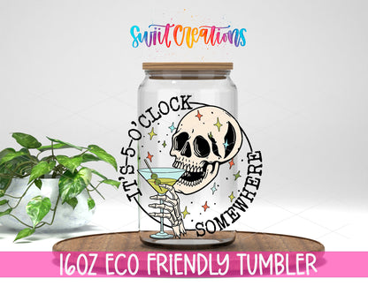 It Is Five O Clock Somewhere design on a 16 oz clear glass tumbler with bamboo lid