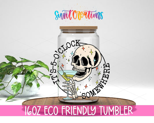 It Is Five O Clock Somewhere design on a 16 oz clear glass tumbler with bamboo lid