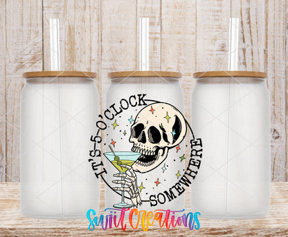 It Is Five O Clock Somewhere frosted glass tumbler mockup with bamboo lids and straws