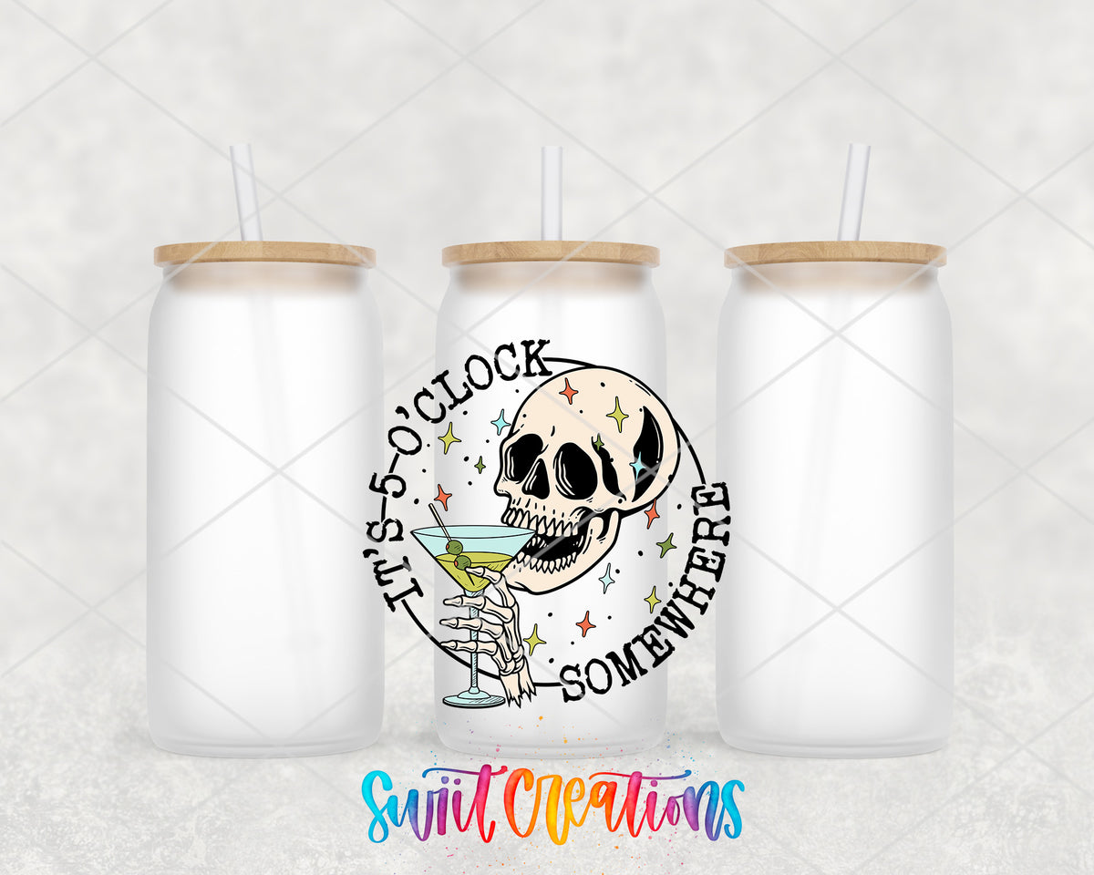 It Is Five O Clock Somewhere frosted glass tumbler group view with lids and straws