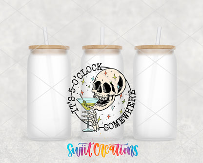It Is Five O Clock Somewhere frosted glass tumbler group view with lids and straws