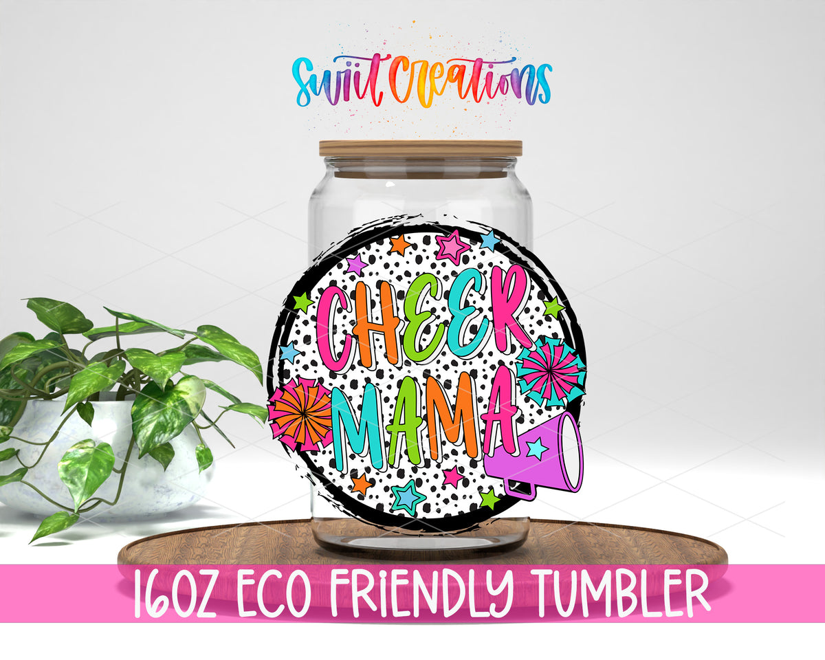 Cheer Mama Colorful design on a 16 oz clear glass tumbler with bamboo lid