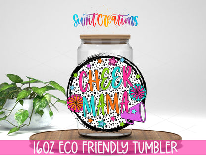 Cheer Mama Colorful design on a 16 oz clear glass tumbler with bamboo lid